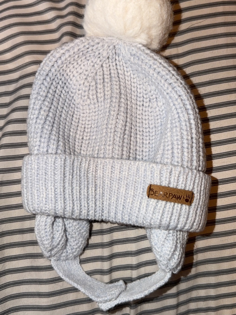 BearPaw Kids White Knit Pom Pom Hat with Ear Flaps